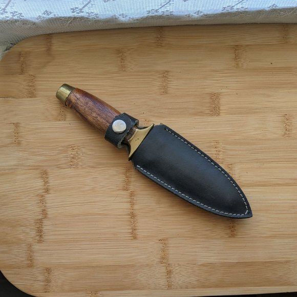 Vintage Brass Wooden Handle Stainless Steel Blade Hunting Knife With Belt Sheath - Picture 1 of 4